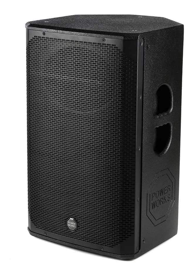 Black speaker with 'Power Works' branding on a white background