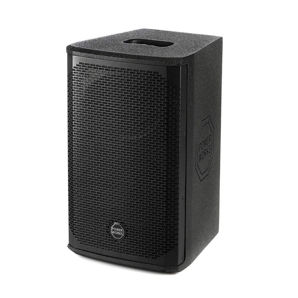 Black speaker with 'Power Works' branding on a white background