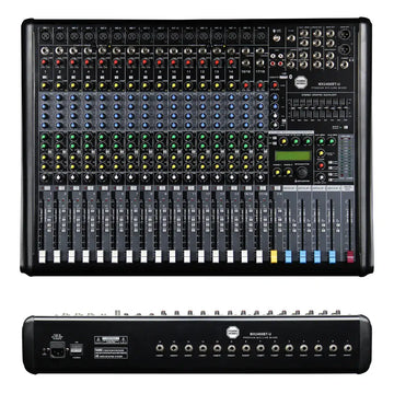 Sound mixing console with control panel and front panel on a white background