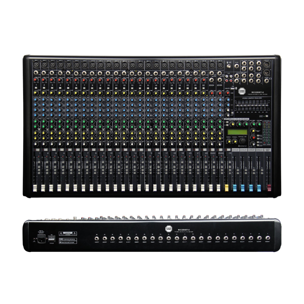 Large audio mixing console with numerous controls on a white background