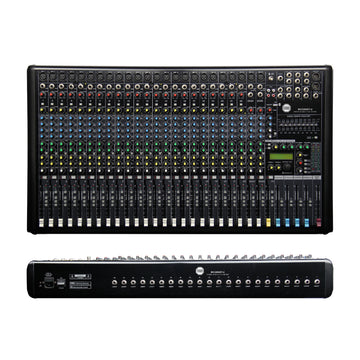 Large audio mixing console with numerous controls on a white background