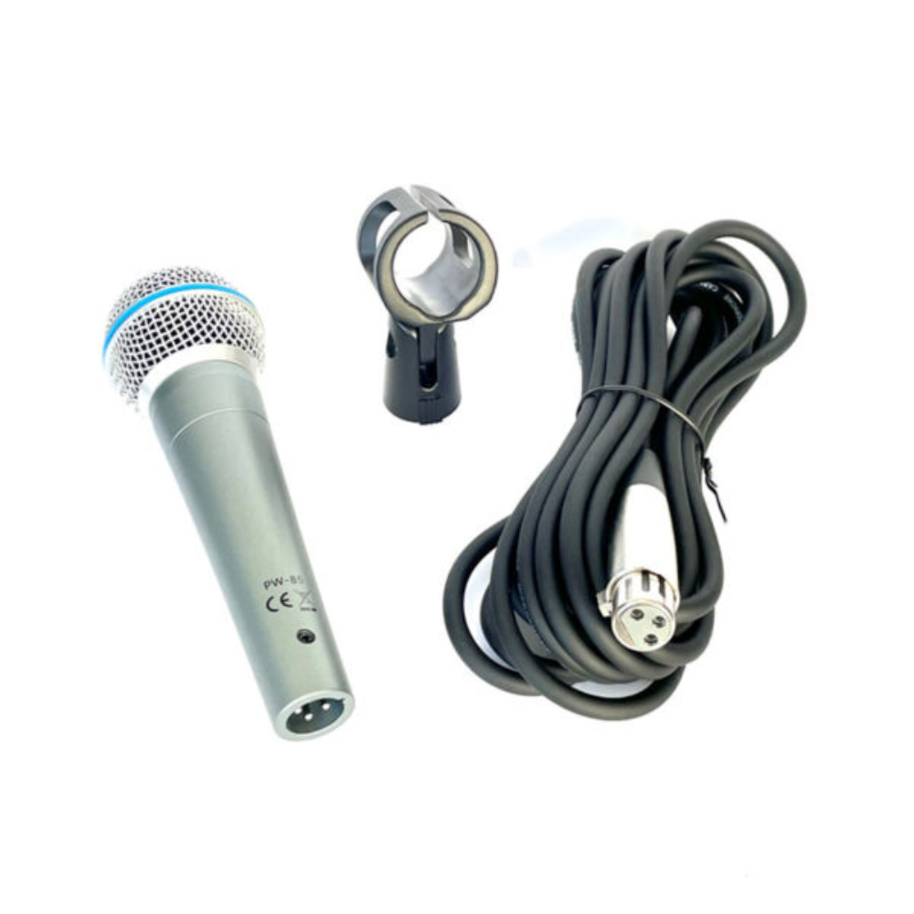 Microphone with cable and clip on a white background
