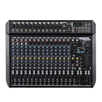 Sound mixing console with various knobs and buttons on a white background