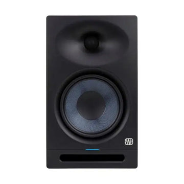 Black studio monitor speaker on a white background