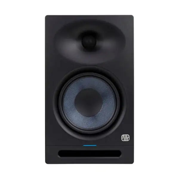 Black studio monitor speaker on a white background