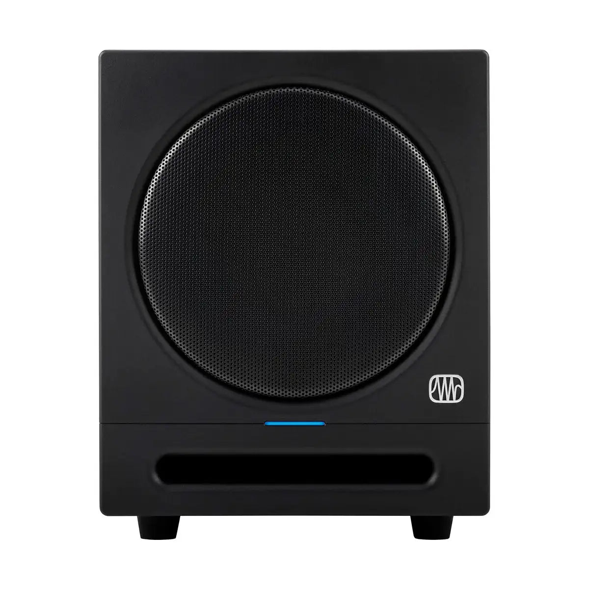 Black subwoofer with a brand logo on a white background
