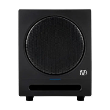 Black subwoofer with a brand logo on a white background