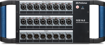 PreSonus NSB 16.8 audio interface with multiple inputs and outputs on a gray background
