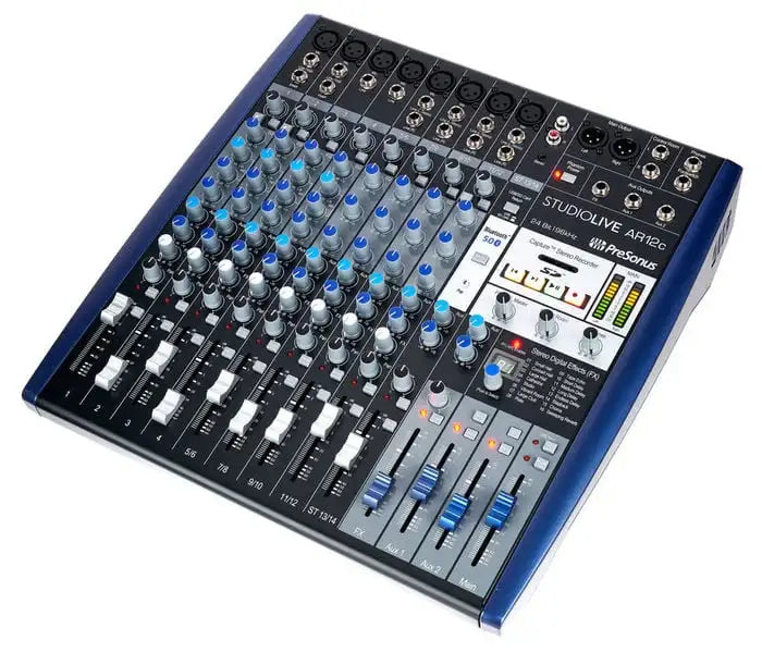 Sound mixing console with various controls on a white background