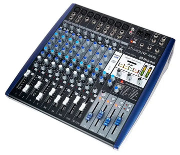 Sound mixing console with various controls on a white background
