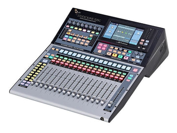 Digital audio workstation with control panel and screens on a white background