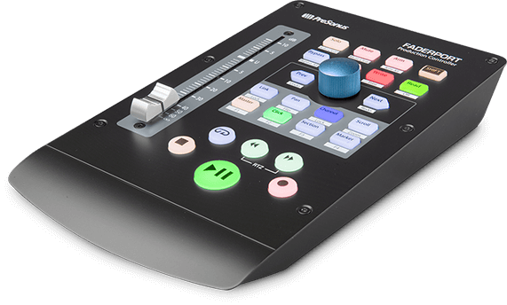 FaderPort controller with buttons and knobs on a black background