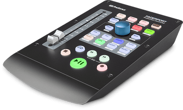 FaderPort controller with buttons and knobs on a black background