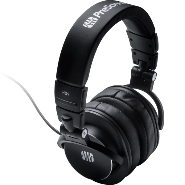 Black headphones with Presonus logo on a white background
