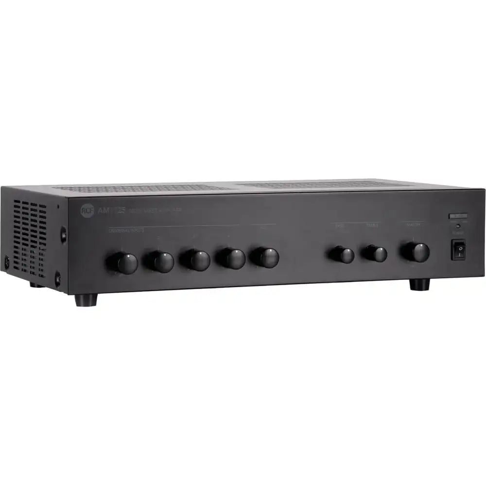 Black audio amplifier with control knobs on a white background