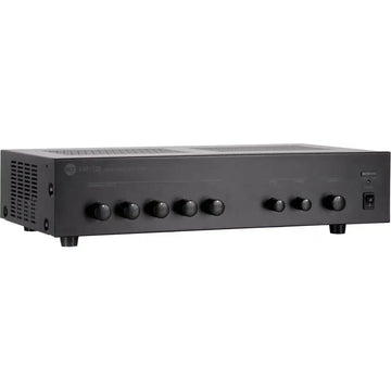 Black audio amplifier with control knobs on a white background