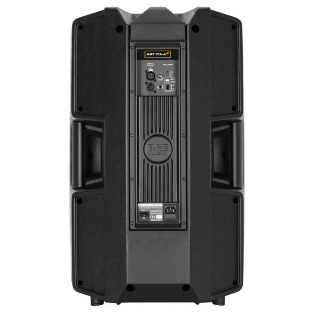 Black speaker with brand logo on a white background