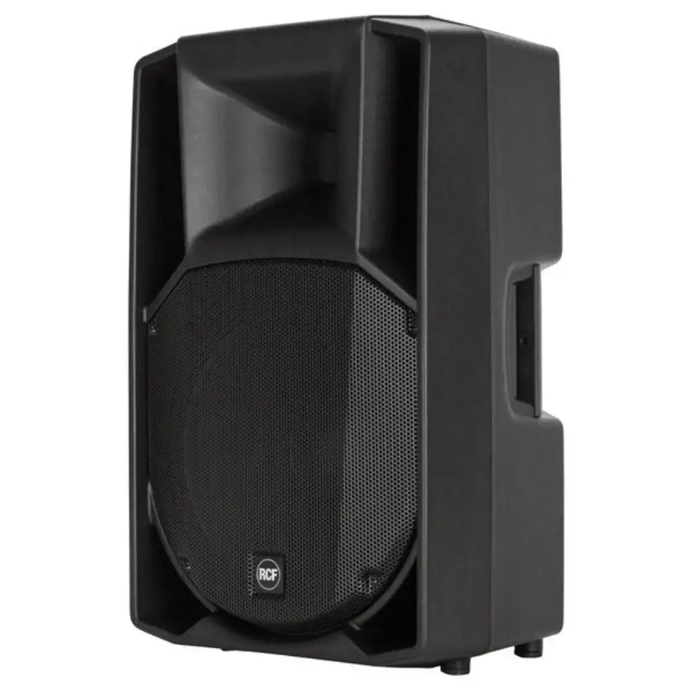 Black speaker with a brand logo on a white background