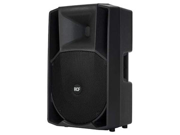 Black RCF speaker on a white background