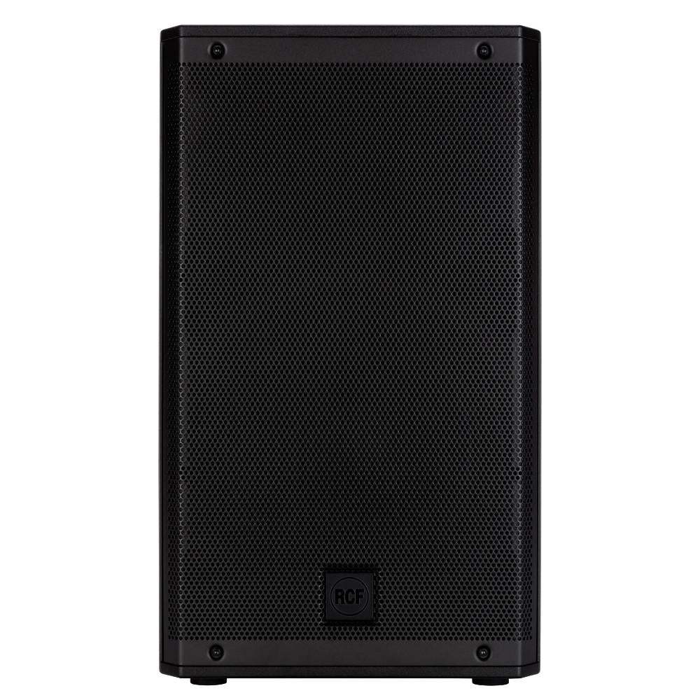 Black speaker with RCF logo on a white background