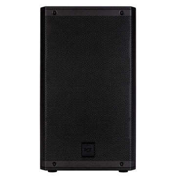 Black speaker with RCF logo on a white background