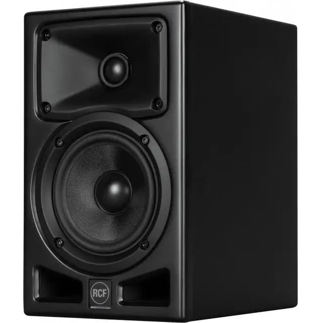 Black speaker with RCF logo on a white background