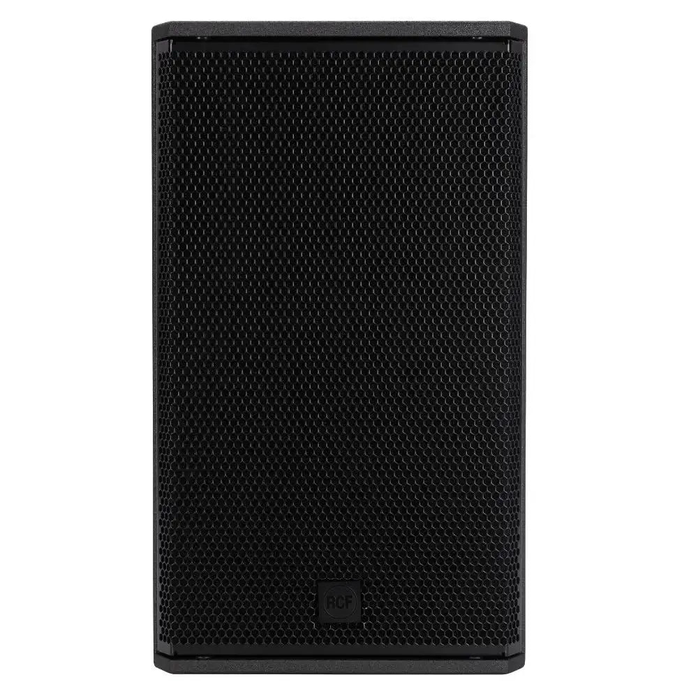Black speaker with textured surface on a white background