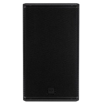 Black speaker with textured surface on a white background
