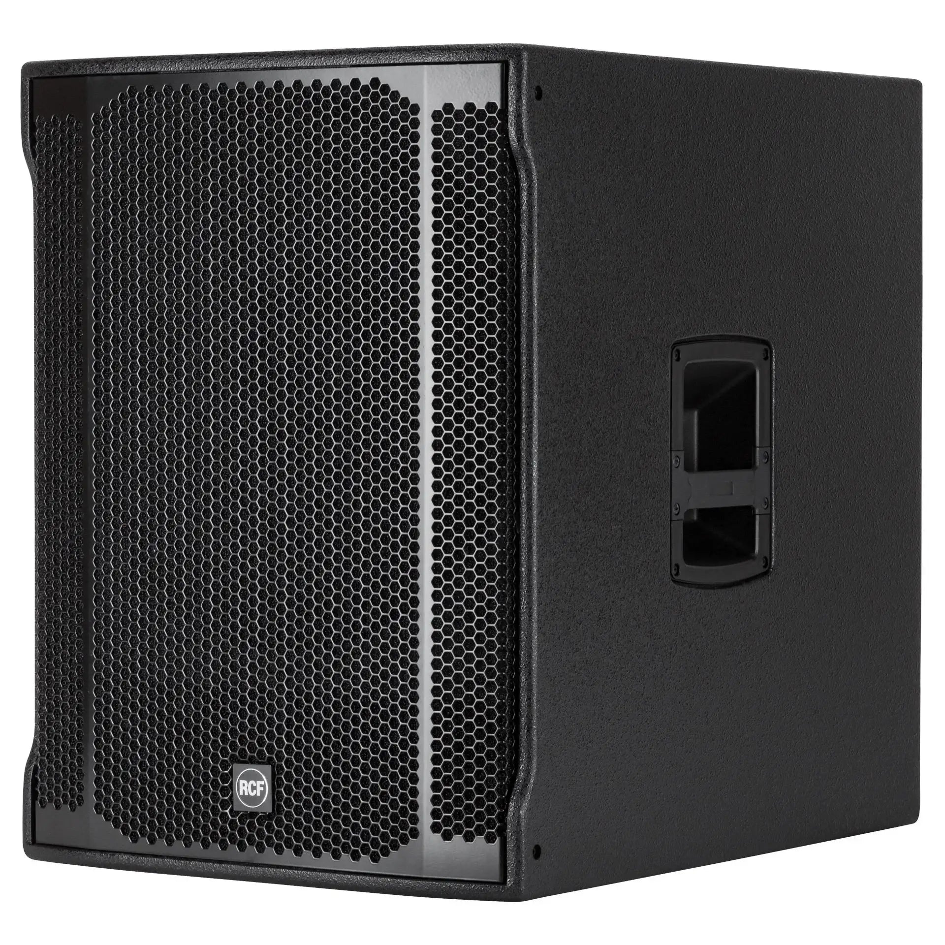 Black subwoofer with a visible brand logo on a white background