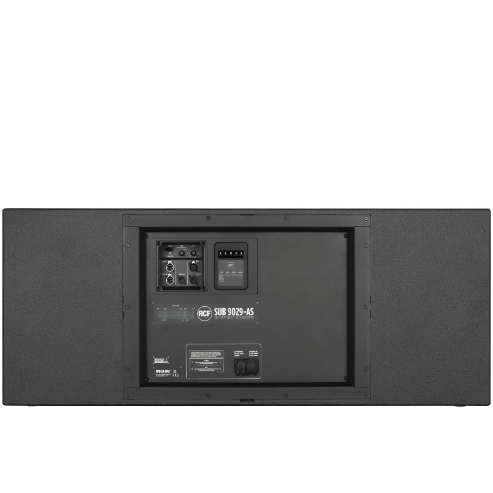 Back view of a black audio subwoofer with visible branding on a white background
