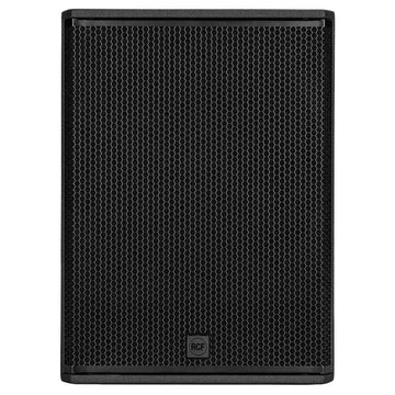Black speaker grille with a brand logo on a white background