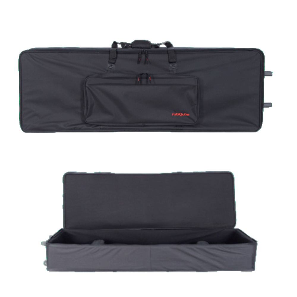 Black keyboard case with red branding on a white background