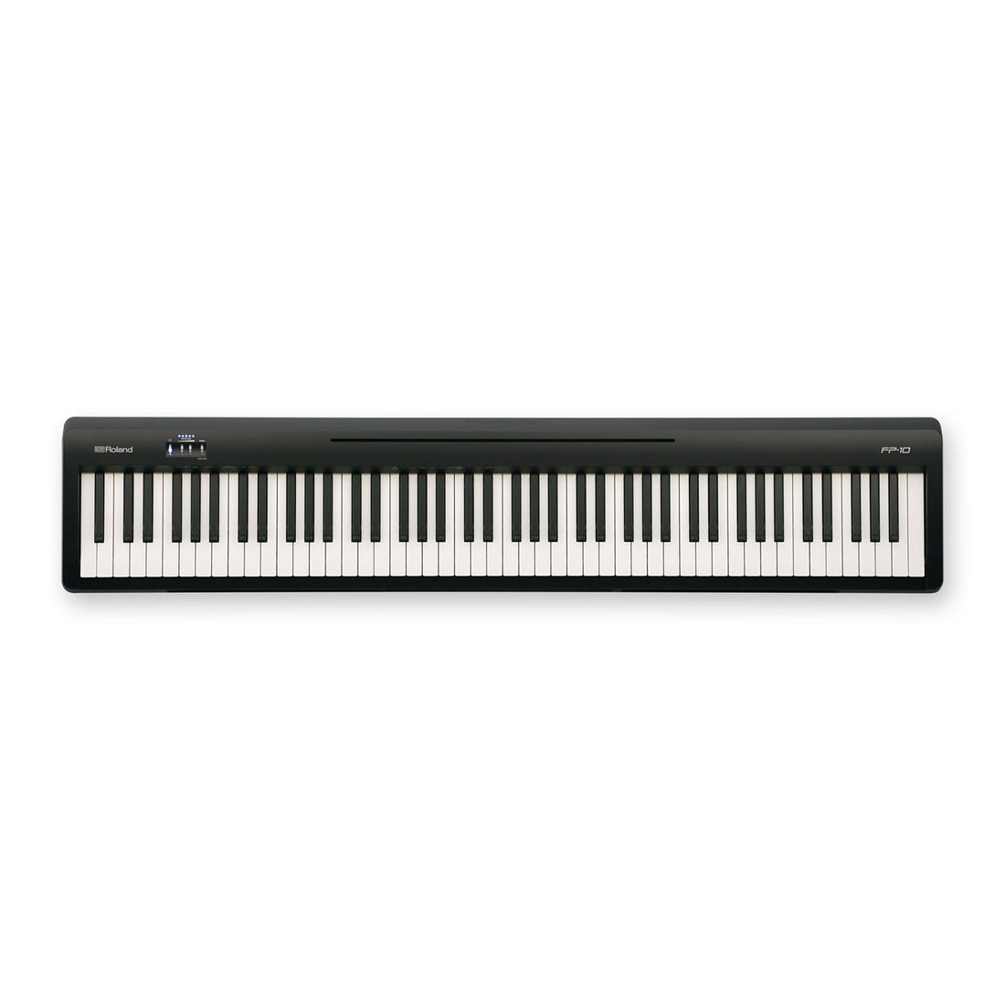 Black digital piano with white keys on a white background