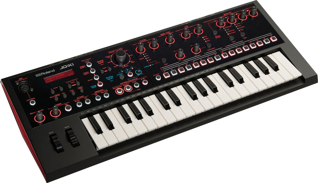 Roland synthesizer with keyboard on a white background