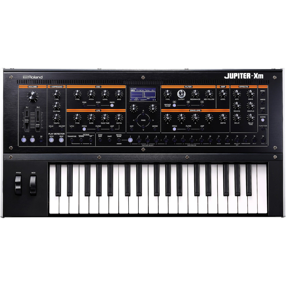 Roland Jupiter-Xm synthesizer on a white background