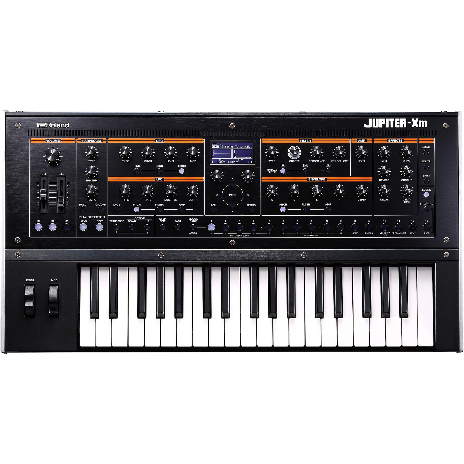 Roland Jupiter-Xm synthesizer on a white background