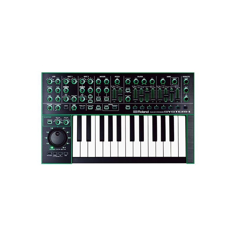 Roland synthesizer keyboard on a white background
