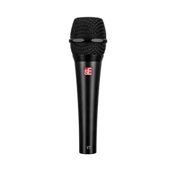 Black microphone with a brand logo on a white background