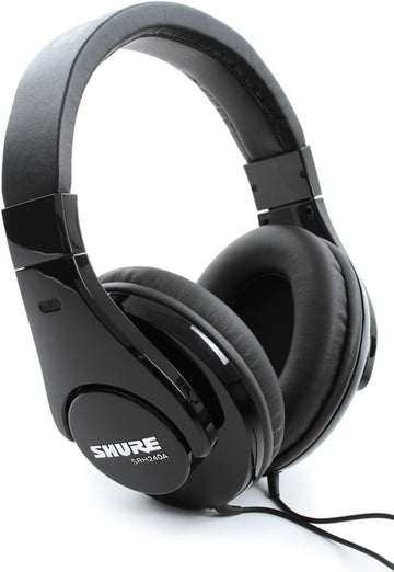 Black Shure headphones on a white background