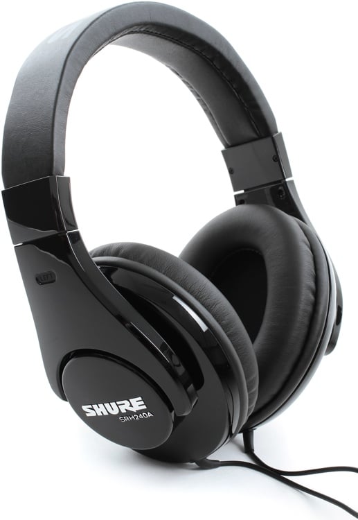 Black Shure headphones on a white background