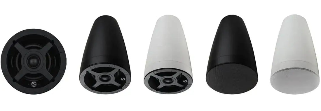 Set of five speaker cones in black and white on a white background
