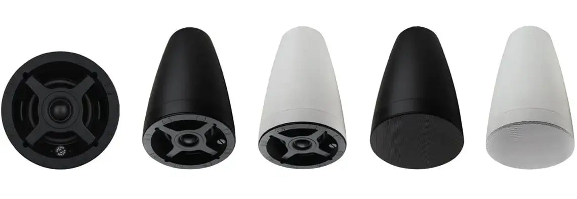 Set of five speaker cones in black and white on a white background