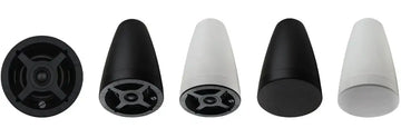 Set of five speaker cones in black and white on a white background