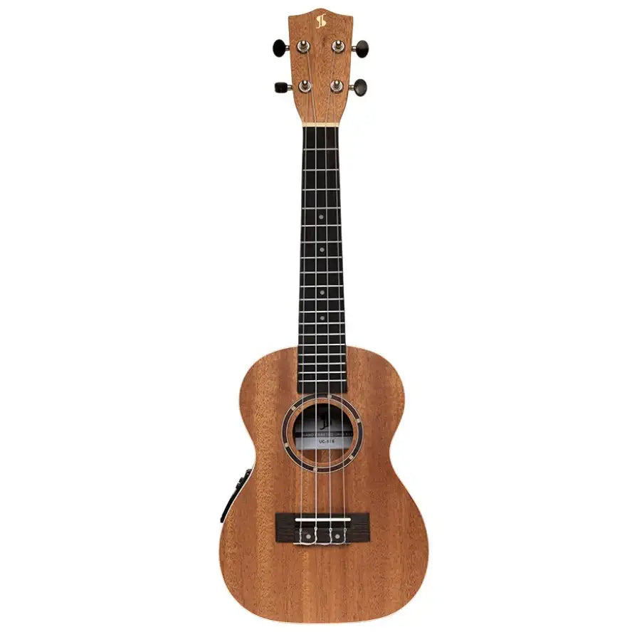Brown ukulele on a white background