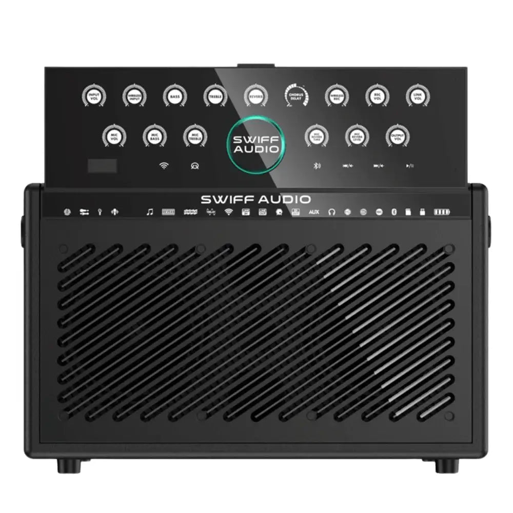 Black SWIFF AUDIO amplifier with control panel on a white background