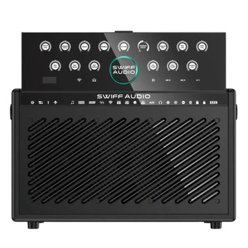 Black SWIFF AUDIO amplifier with control panel on a white background