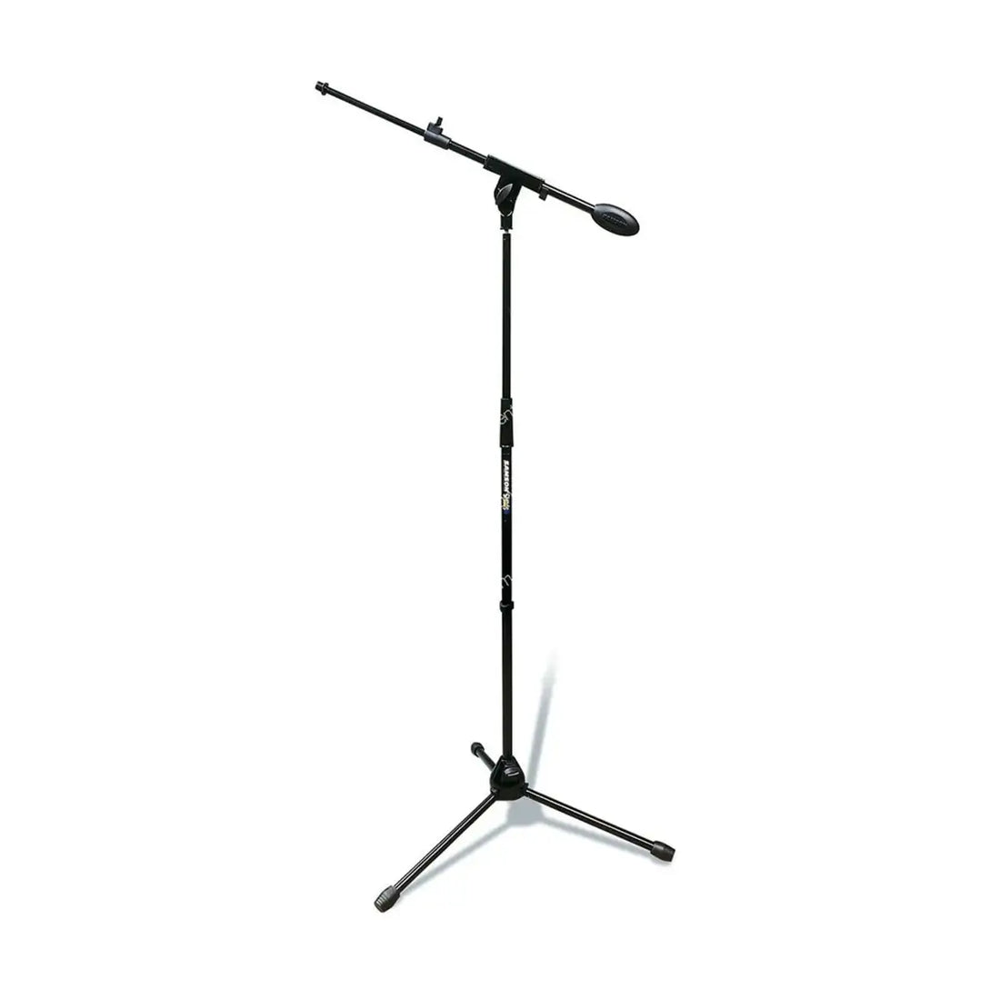 Black microphone stand on a white background
