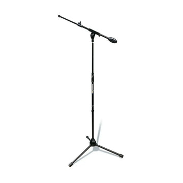 Black microphone stand on a white background