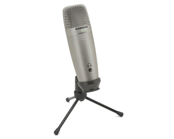 Samson C01U microphone on a stand with a white background