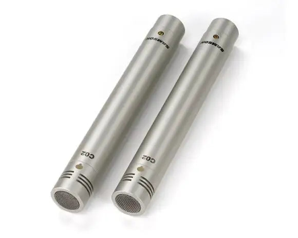 Two silver microphones on a white background